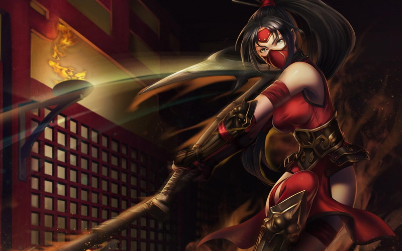 league of legends, long, league, girl, long hair, red clothes, red, mask, 720P, sword, legends, clothes, hair