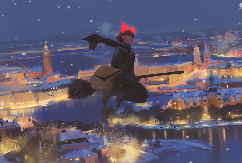 Studio Ghibli, fan art, anime, Kikis Delivery Service, painting, illustration, Atey Ghailan, 1080P, concept art, anime girls