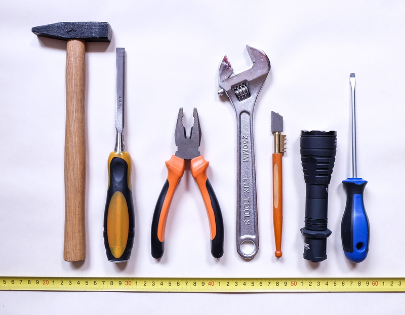 equipment, tool, serrated, hammer, tape, seven, work, variation, chisel, studio shot, wrench, within, flashlight, measure, in a row, group of objects, directly above