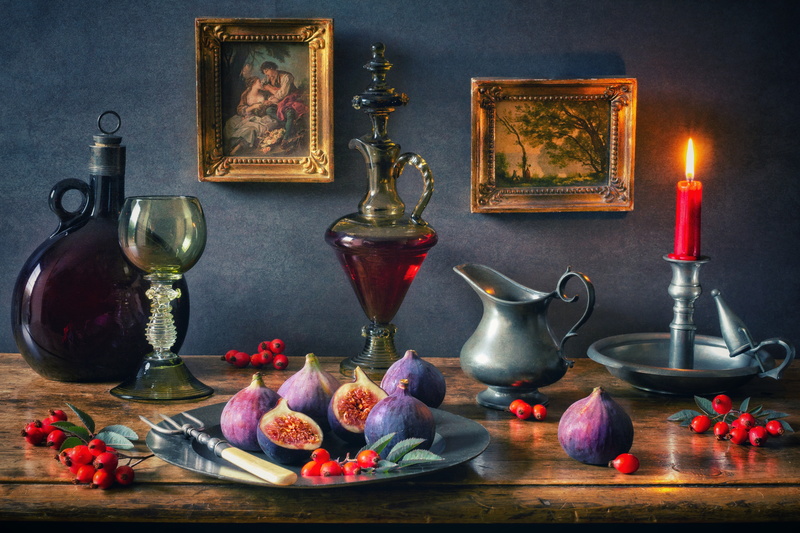 decanter, candle, bottle, wine, glass, berries, style, still life, pictures, figs, 5K, candle holder, briar
