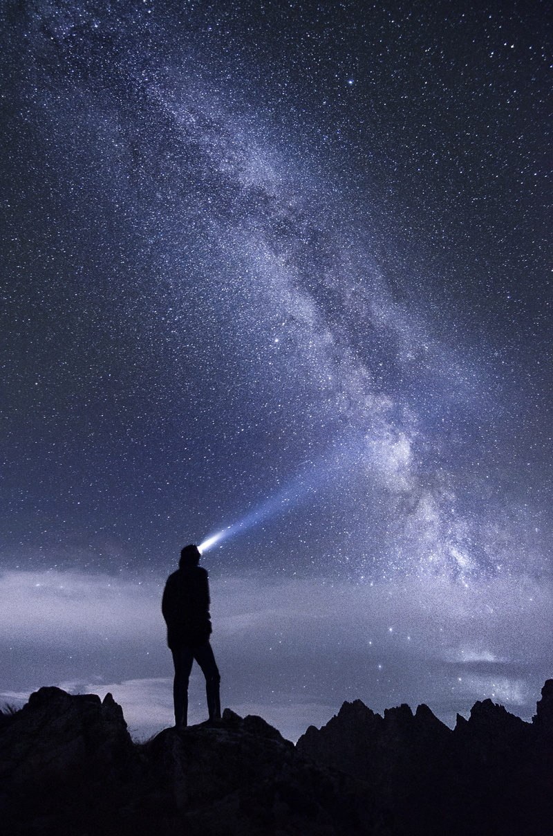 exploration, astronomy, star, star - space, silhouette, stars, flashlight, scenics - nature, men, leisure activity, outdoors, space, night, milky way, space and astronomy
