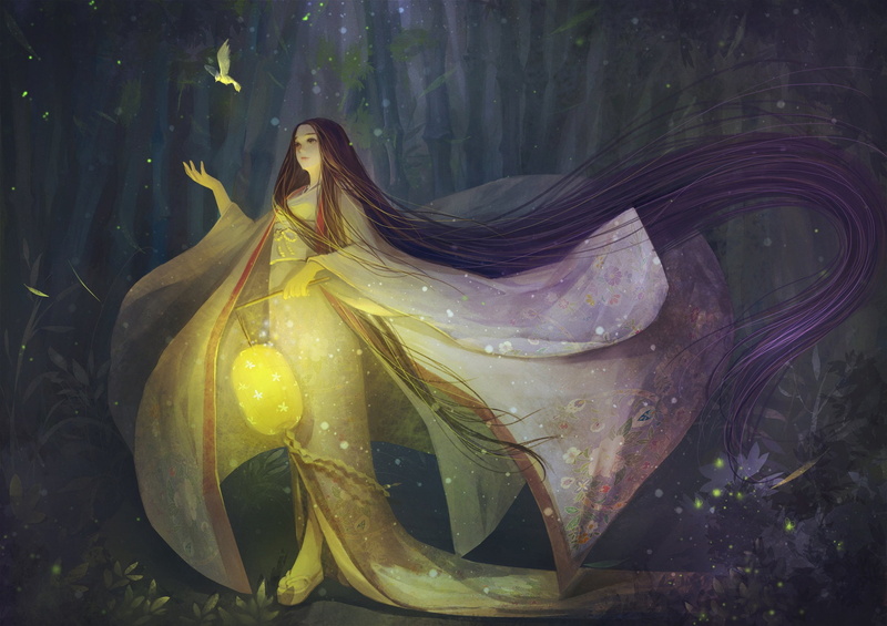 illustration, magic, art, fantasy, forest, Princess Kaguya, orry lee, 1080P, flashlight, bird, The tale of the bamboo Cutter