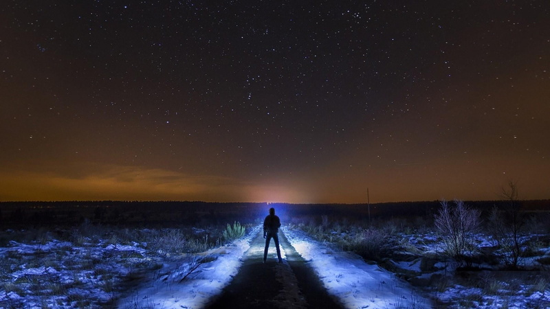 sky, outdoors, freezing, starry night, rear view, star field, star - space, real people, night sky, the way forward, warm clothing, human, direction, starry