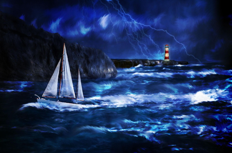 thunderstorm, blue, lighthouse, storm, clouds, sailboat, 1080P, 3d and abstract, flashlights