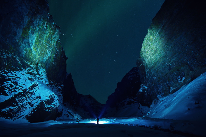 illuminated, mountain, people, flashlights, 4K, no people, winter, landscape, cave, stars, beauty in nature, adventure, hill, snow, night, astronomy, tranquil scene