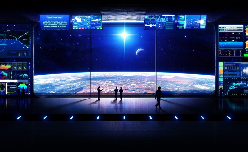 outdoors, observation deck, digital, looking, watching, night, men, Planets, full length, illuminated, star - space, waiting, window, silhouette, digital composite