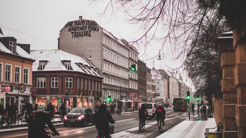 built structure, urban, buildings, men, adult, snow, walking, sign, winter, nordic, traffic, building exterior, 5K, sky, road, bicycle, bare tree, city