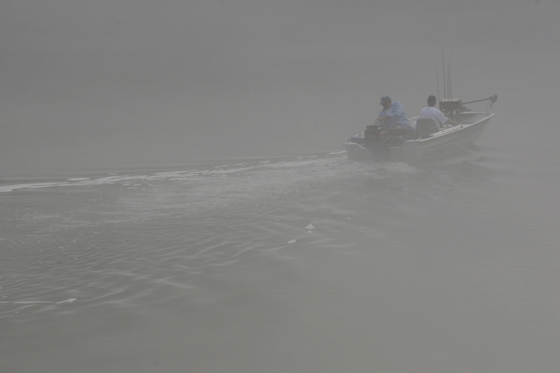 transportation, people, bad visibility, foam, plastic coat, ripples, two people, grey, sea, travel, fog, sailing, morning, motor boat, two men, real people