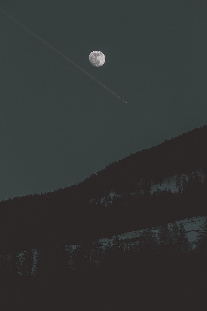 mountain range, night, silhouette, 5K, non-urban scene, tree, plateau, tranquil scene, fir, scenics - nature, lunar eclipse, full moon, sky, plant, full