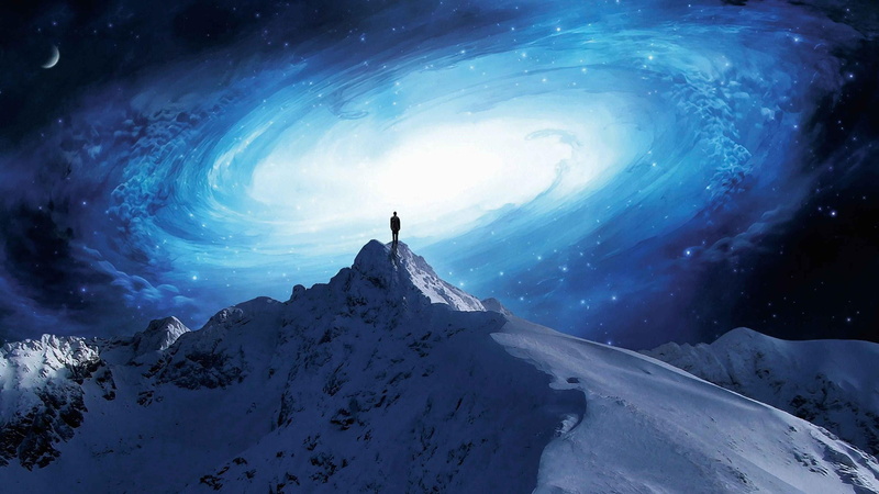 mountain range, cold temperature, arctic, art, space, man, adventure, sky, swirl, one person, 4K, mountain, fantasy art, beauty in nature, artwork, mountain peak