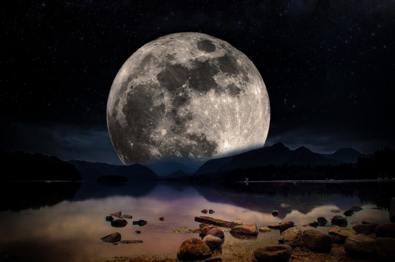 reflection, 1080P, science, idyllic, space, astronomy, lake, night, water, stars, time, rock, lake district, mystical, full Moon, moonlight, planet - Space