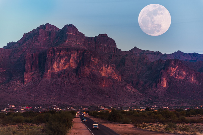 mountain, desert, 5K, scenics - nature, tranquility, rock - object, rock formation, supermoon, brown, sky, land, tranquil scene, blue, arid climate, astronomy