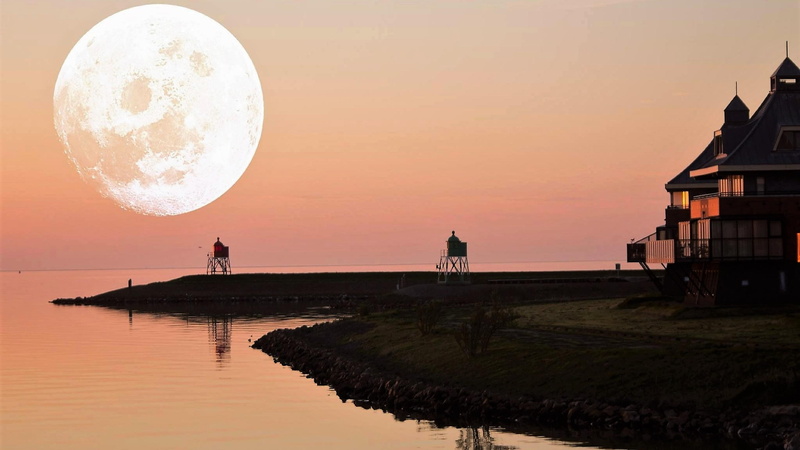 moonrise, nature, moon, water, evening, architecture, orange color, supermoon, scenics - nature, reflection, coast, standing, outdoors, men, sky, built structure