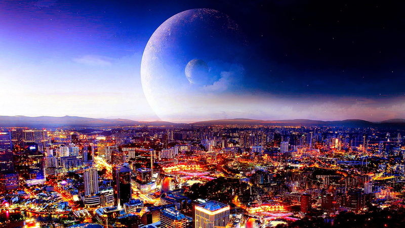 skyscraper, outdoors, building, cityscape, full moon, digital composite, metropolis, illuminated, crowded, aerial view, supermoon, office building exterior