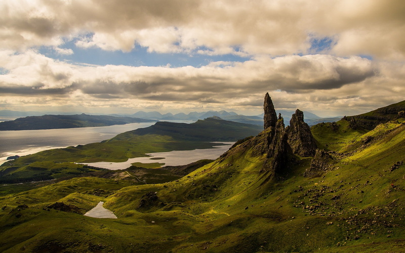 lake, 1080P, clouds, nature, landscape, Skye, Scotland, UK, hills