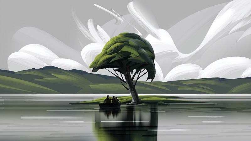 illustration, lake, water, painting art, 1080P, family, boat trip, artwork, digital art, tree, lone tree, island, art, digital painting, boat