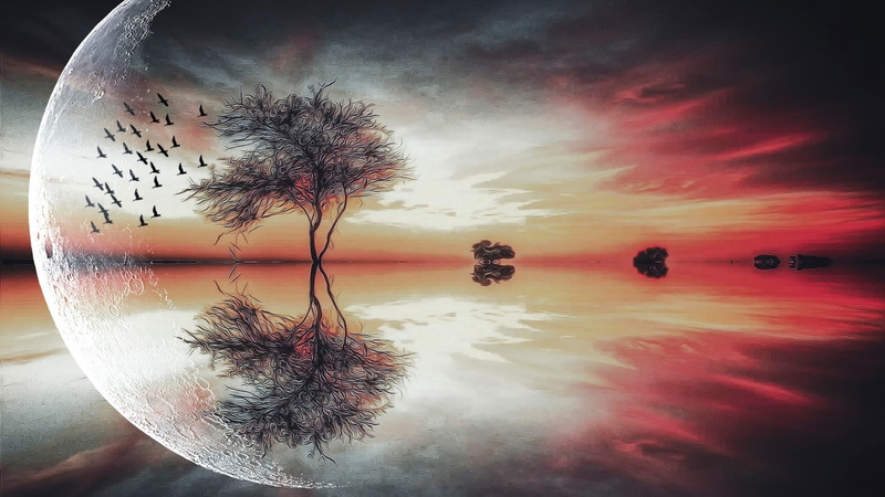 imagination, moon, fantasy landscape, horizon, silhouette, lake, sunset, orange, reflection, lone tree, 1080P