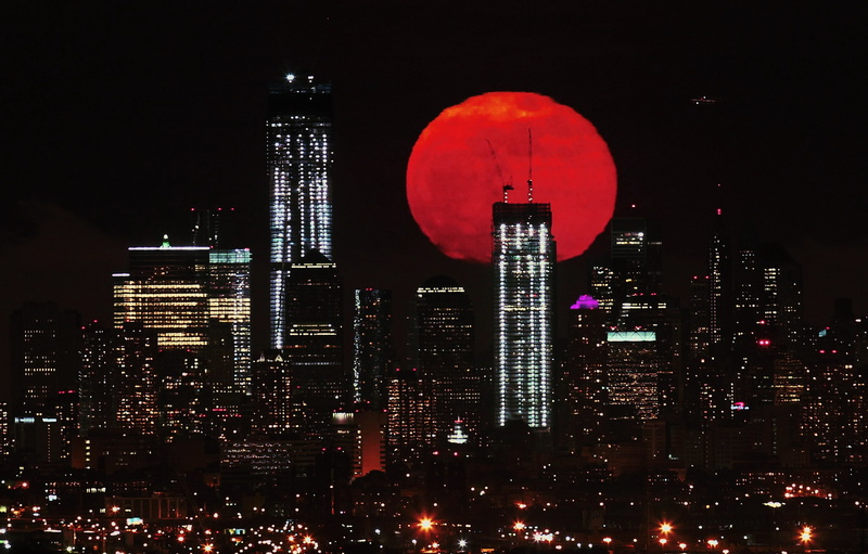 skyscraper, building, tower, outdoors, cityscape, tall - high, no people, office building exterior, city, moonlight, Red moon, spire, city lights, illuminated