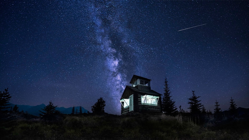 falling star, 1080P, meteor, cabin, tree, darkness, shooting star, galaxy, milky way, night, log cabin, astronomy, stars