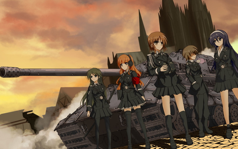 sky, uniform, weapon, group of people, anime girls, tank, security, fighting, history, the past, army soldier, aggression, war, architecture, machine gun