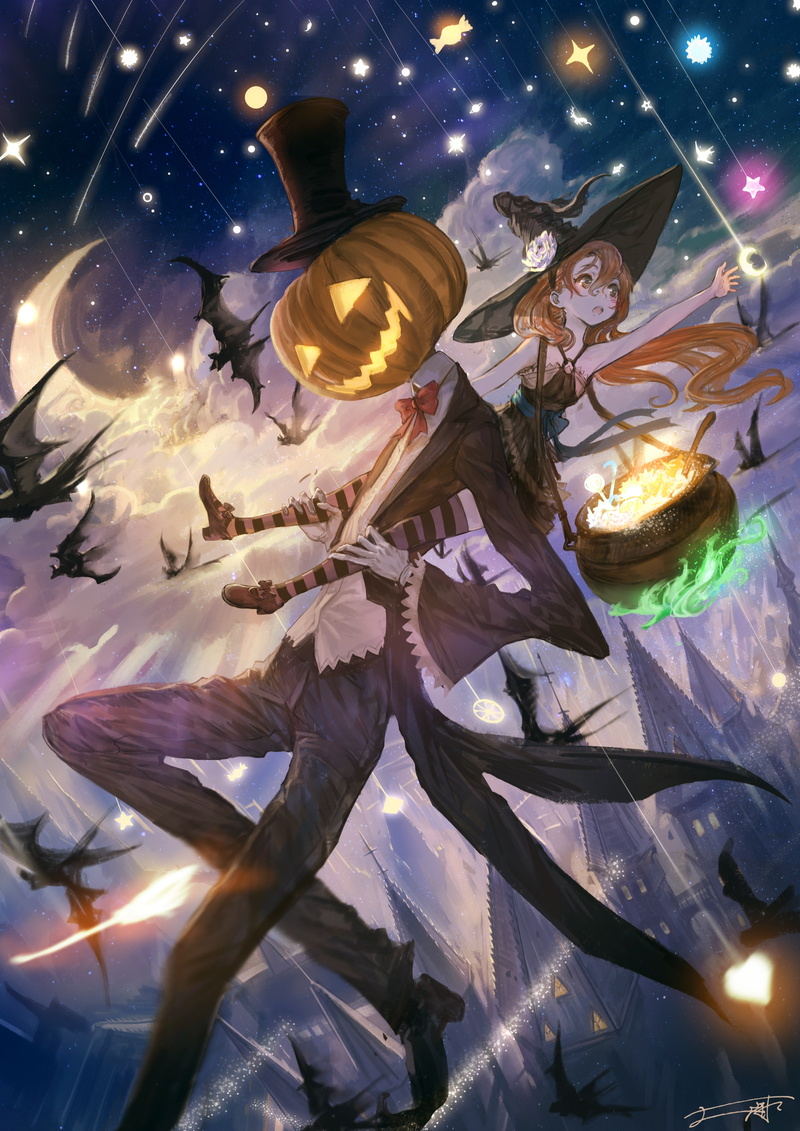 halloween, indoors, falling stars, anime girl, low angle view, lighting equipment, night, sky, reflection, glowing, glass - material, representation, built structure