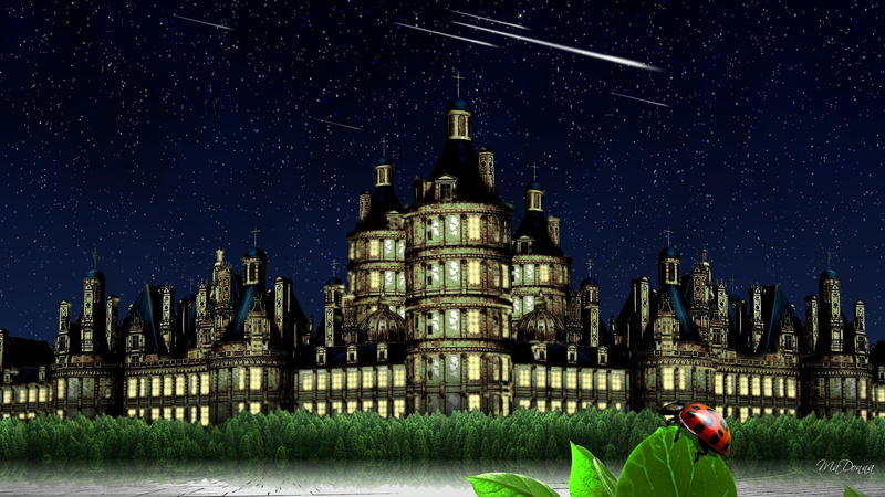leaf, 1080P, water, buildings, sky, bright, trees, falling star, animals, lady bug, stars, city
