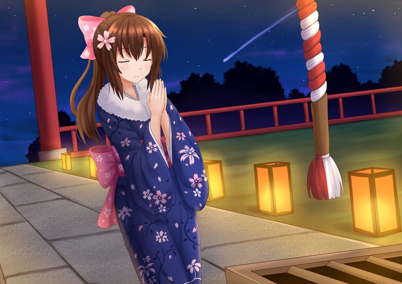 leisure activity, casual clothing, hairstyle, falling star, real people, blue, Anime, night, one person, beautiful woman, lights, praying, women, standing
