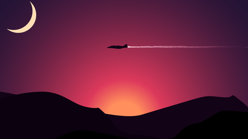 Sunset, Minimalist, 1080P, Military, Artistic, Airplane, Crescent