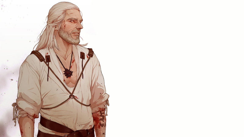 beard, hair, three quarter length, The Witcher 3: Wild Hunt, portrait, white background, front view, looking, simple background, waist up, white, standing
