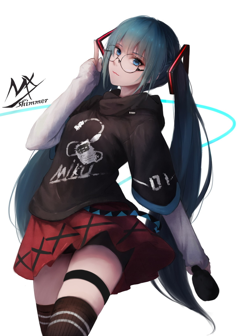 anime girls, Vocaloid, glasses, 1080P, skirt, portrait display, fan art, Hatsune Miku, twintails, red skirt, thigh-highs