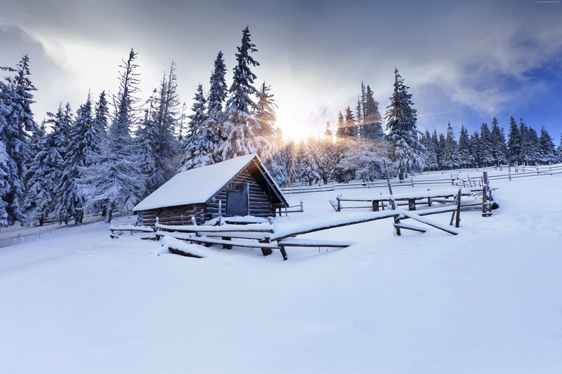 snow, mountain, 4K, sun, winter forest, house, 8k, 5k, village, fir-trees, 4k
