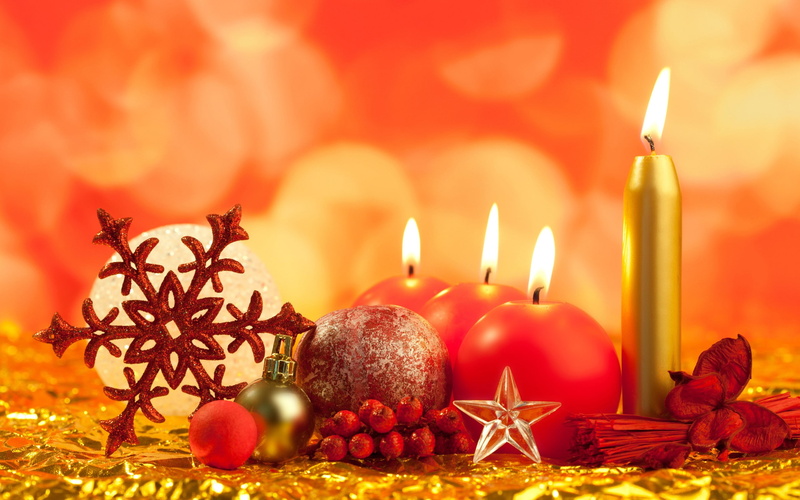 Christmas ornaments, 2K, candles, snowflakes, New Year, stars, snow