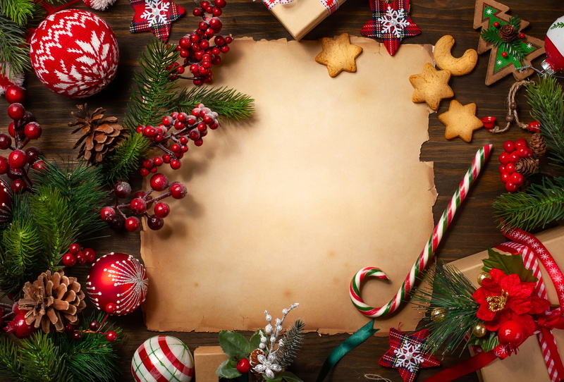 fir-tree branches, Merry, gifts, New Year, 5K, decoration, Christmas, gift box, wood, fir tree