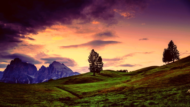 Green, mountains, Landscape, moons, hd, sky, art, 2K, Clouds, Stone, hills, x, Storm, Trees, 2560x1440 px, purple, space, grass, px