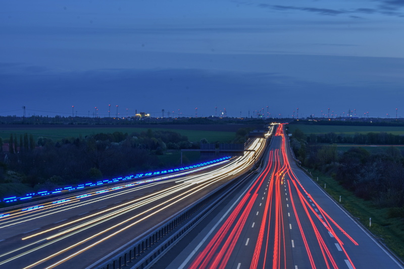 blurred Motion, time-lapse, high angle view, transportation, outdoors, sky, motion, speed, car, dusk, city, light trail, travel, traffic, mode of Transport