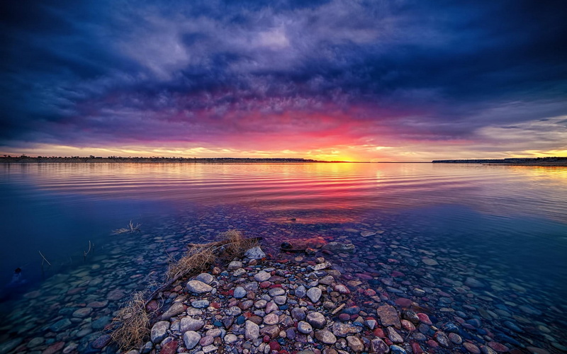 stone, 1080P, body, sunset, outdoors, pink, solid, nature, rock, land, sky, horizon over water, lake, tranquility, yellow, beauty in nature, blue, beach