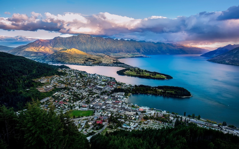 mountains, landscape, sea, 1080P, city, Queenstown, cityscape, New Zealand, clouds