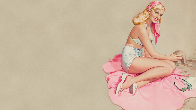 pink color, hairstyle, sitting, relaxation, 1080P, young women, portrait, one person, artwork, young adult, beauty, blond hair, happiness, drawing, pinup models