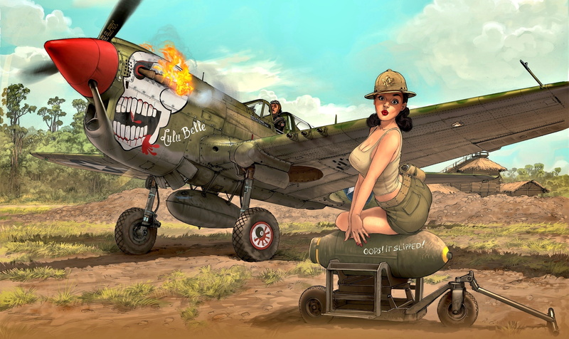 air vehicle, land vehicle, 1080P, military aircraft, men, portrait, artwork, nature, looking at camera, fashion, transportation, sky, sitting, uniform