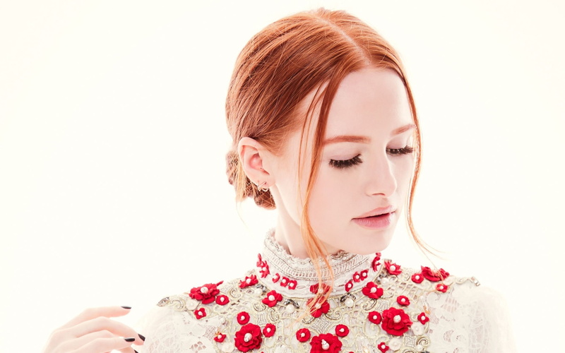 actress, pale, fake eyelashes, white background, Madelaine Petsch, redhead, long hair, 1080P, closed eyes, black nails, model, face, women