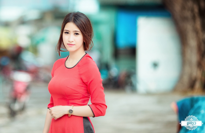 fake iris, red dress, Asian, 2K, women outdoors, brunette, women, portrait