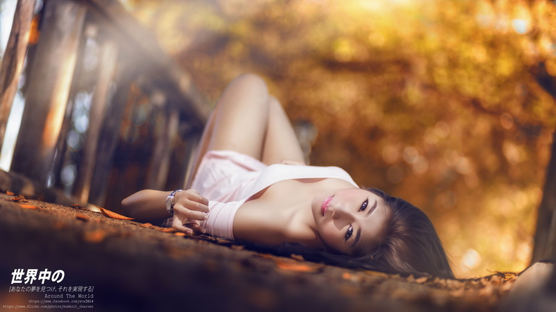 autumn, positive emotion, relaxation, lying on back, hairstyle, Asian, brunette, beautiful woman, fake iris, one person, young women, 5K, lens flare, happiness