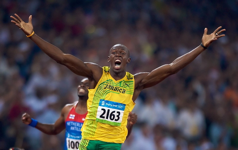 Usain Bolt, sport, athletes, 720P, untitled, waist up, mens track, young adult, emotion, men, athlete, success, arms raised, achievement, mouth open, human limb