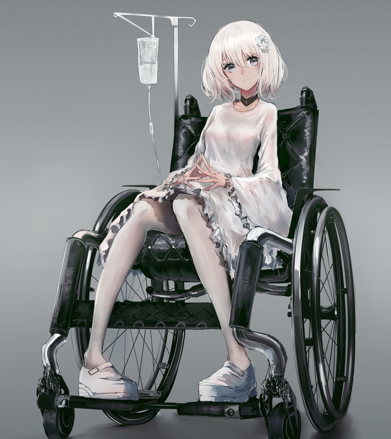 white hair, illness, 1080P, anime girl, dress, Anime, wheelchair, short hair
