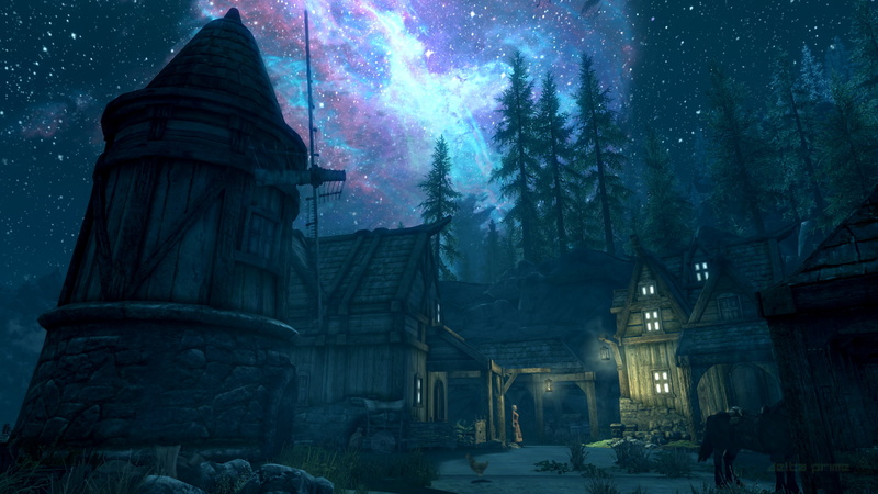 nebula, night sky, Solitude (Skyrim), horse, galaxy, stable, 1080P, PC gaming, in-game, screen shot, The Elder Scrolls V: Skyrim