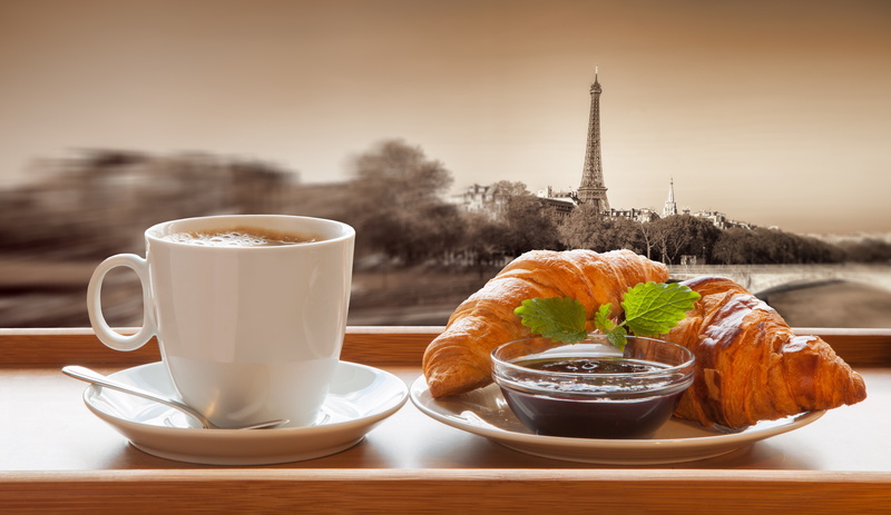chocolate, cup, Paris, ceramic, croissant, 5K, coffee, white, mug, France, breakfast, pastry