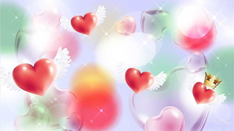 illustraion, 3d and abstract, lavender, green, love, colors, heart, 1080P, pink, winged hearts, valentines day, wings
