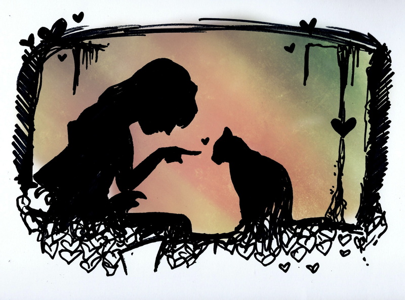 sky, girl, cat, animal, woman, silhouettes, auto post production filter, black color, mammal, domestic, close-up, nature, silhouette, two animals, animal wildlife