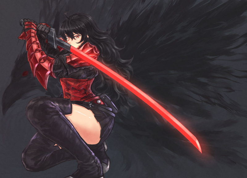 Omen (RWBY), crow, RWBY, digital art, anime girls, long hair, dark hair, sword, fan art, red eyes, 5K, Raven Branwen