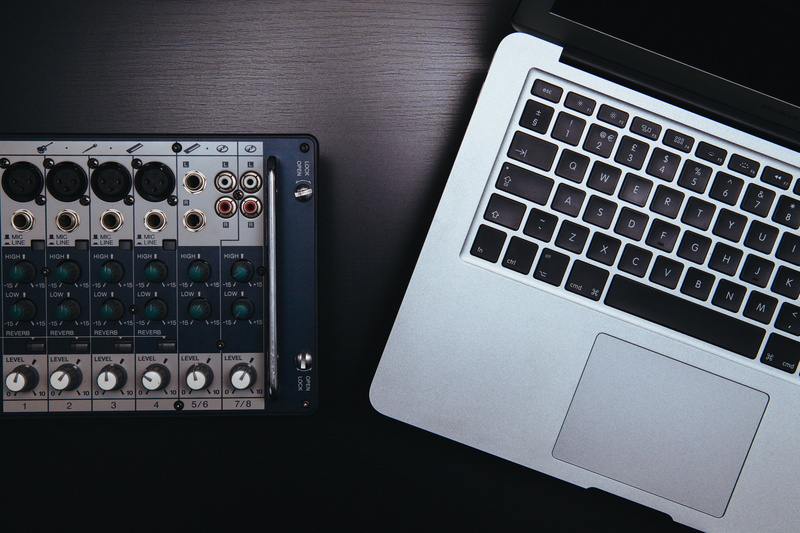 close-up, equipment, notebook, dj, high angle view, laptop, still life, no people, indoors, wireless technology, directly above, computer equipment, complexity